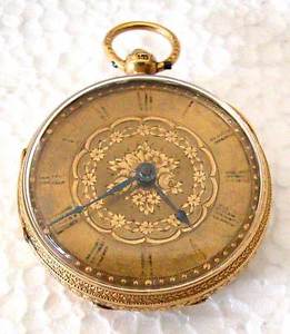 U.K FINE 18K YELLOW GOLD DECORATED MENS POCKET WATCH 1876