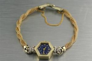 Diamond BULOVA Wrist Watch 14K Yellow Gold Lapis Lazuli Dial Vintage