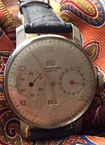 Vintage Universal Geneve Triple Calendar Steel Wristwatch w/ Fancy Lugs