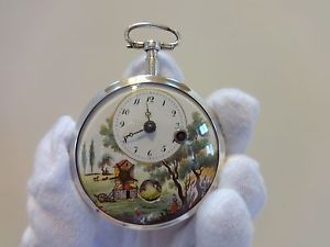 ANTIQUE VERGE FUSEE AUTOMATON ENAMEL DIAL POCKET WATCH (WATCH VIDEO)