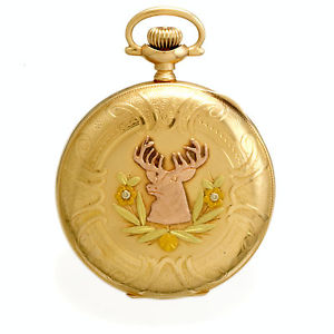 ANTIQUE 17 JEWEL 16 SIZE 14K MULTICOLOR GOLD DEER CASE ELGIN POCKET WATCH CA1915