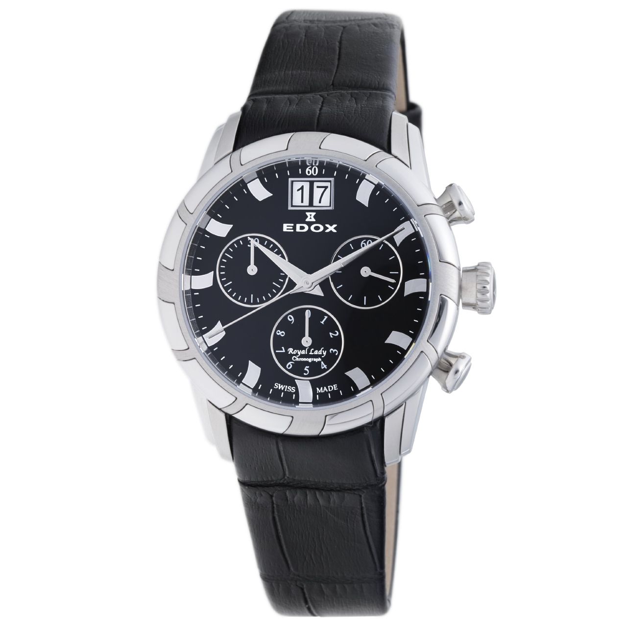 Edox 10018 3 NIN Womens Black Dial Analog Quartz Watch with Leather Strap