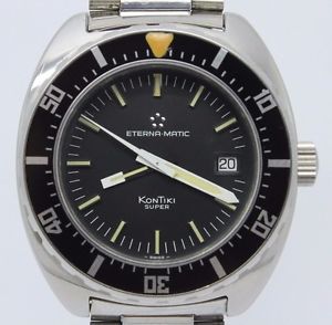VINTAGE 1970s Eternamatic Kontiki Super Mens 40mm Steel Divers Watch 633.1018.41