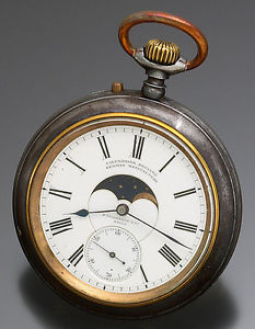 Rare German Gun Metal Double Dial Moon Phase Calendar Pocket Watch CA1885