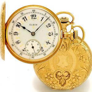 Antique Engraved 14k Gold Hunter Case Elgin Pocket Watch with Fancy Dial CA1905