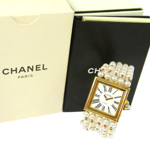 Authentic CHANEL CC Logos Pearl Mademoiselle Watch Wristwatch 18K Ladies V00093