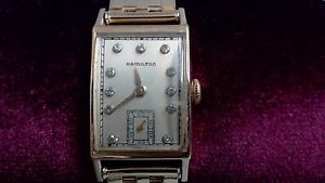 Vintage 1940's Men's Hamilton 14k Yellow Gold Watch with 11 Single Cut Diamonds