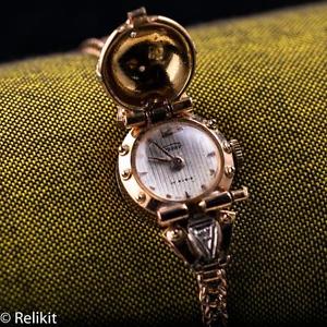 Antique Womens 18K Yellow Rose Gold Watch with Diamonds Swiss 17 Jewel Thoury