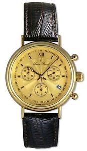 Lucien Piccard 14kt Gold Chronograph Mens Swiss Watch Leather Strap Date LP04732