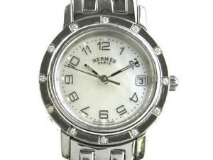 HERMES Clipper Nacre CL4.230 SS 12P Diamond White Shell Watch Body Only GC #1002