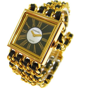 Auth CHANEL Vintage CC Mademoiselle Watch Wristwatch Leather 18K Ladies V00098