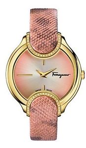 NWT Ferragamo Women's FIZ050015 Signature Diamonds Gold IP Pink Leather Watch