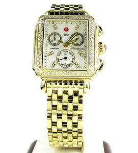 0.66 ct Ladies Diamond Michele Yellow Gold Plated Deco Day Pearl Watch