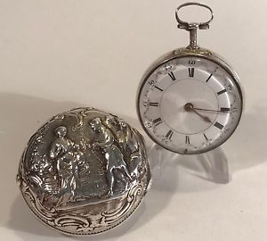 1760-84 John Wilter London Silver Repoussé Pair Case Verge Fusee Pocket Watch