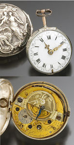 Antique German Verge Mock Pendulum Repousse Allegorical Scene Pair Case Watch