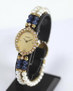 Auth WALTHAM 5mm Pearl Diamond 18K solid gold Ladies Quartz Wrist Watch_276380