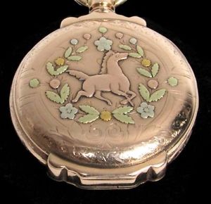 WALTHAM APPLIQUÉ MULTI-COLOR SOLID 14K GOLD 16S BOX HINGE HUNTER POCKET WATCH