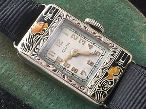 1920's Elgin Lady And The Tiger Enameled 14k White Gold 15j Watch w/ Box