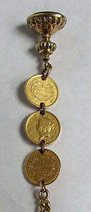 OUTSTANDING  14K GOLD 16" POCKET WATCH CHAIN WITH 1850's $1 GOLD COINS & FAB