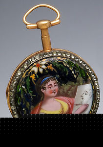 Early Gilt Verge Fusee Enamel Pocket Watch With Fancy Painted Dial