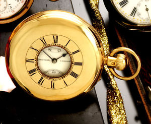 LARGE 18K GOLD DEMI-HUNTER BRACE BRIDGE LONDON POCKET WATCH C1867 WIND INDICATOR