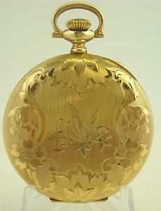 14K Yellow Gold Hand Chased Bird 12s 12 Size Hunting Case Waltham Elgin Illinois