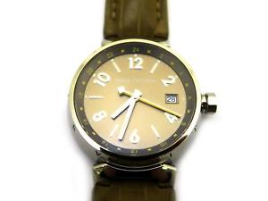 Auth Louis Vuitton Leather/Stainless Steel Tambour Gmt Watch Silver/Brown