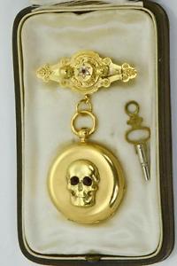 Museum French Memento Mori Skull 18k Gold&Garnets brooch watch E.Papin,c1850.