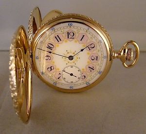 ANTIQUE ELGIN 14k SOLID GOLD MULTICOLOR HUNTER CASE FANCY DIAL 16s POCKET WATCH