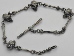 19th C Victorian Memento Mori Skulls&Bones sterling silver pocket watch chain