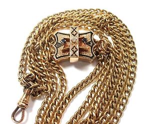 Antique 14K Gold Quadruple Chain Diamond & Sapphire Enamel Watch Fob -56.7 grams