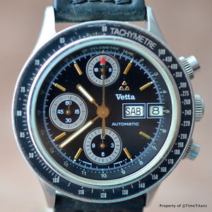 VETTA LEMANIA 5100 AUTOMATIC 1980's RARE TACHYMETER TELEMETER 39MM STEEL BLACK
