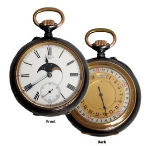 SUPERB MOON PHASE DOUBLE DIAL CALENDAR S17 GUN METAL POCKET WATCH