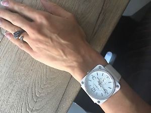 Bell And Ross White Ceramic And Diamond Watch With Patent White Leather Strap