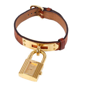 39970 auth HERMES cognac OSTRICH & gol-plated KELLY Watch