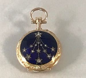 18K yellow gold, Lady`s 25mm pendant watch with guilloche enamel and 19 diamonds