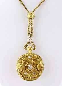 Antique Art Nouveau Gruen 18K Gold Diamond Lady's Pendant Watch, GF Chain