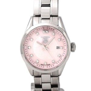 Auth TAGHeuer Carrera Lady WV 1417 Pink Shell Dial 13P Diamond Quartz 187062