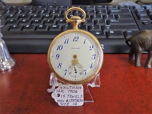 Antique 1904 Waltham 14K Gold 15-Jewels Size 16 Mov# 13973674 Pocket Watch!