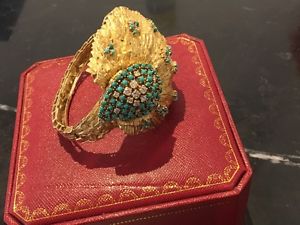 18ct gold 1950/60 bracelet watch with diamonds and turquoise stones