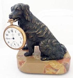 Antique Bronze Marble Mechanical Figural Dog Pocket Watch Holder (#5283)