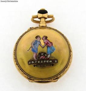 Antique Geneve 18k Yellow Gold Diamond Enamel Ladies Pocket Watch Pendant