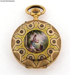 Antique Geneve 18k Yellow Gold Diamond Enamel Ladies Hunting Case Pocket Watch