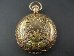 Victorian 14k Gold AMERICAN WALTHAM Pocket Watch multi colored w/ Bird ~ornate