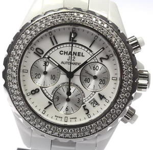 Pre-owned CHANEL J12 White Ceramic H1007 Automatic Chronograph Diamond Bezel