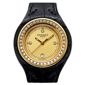 Auth HERMES Arne Ref. HA1.286  Quartz YG x Leather Women's watch