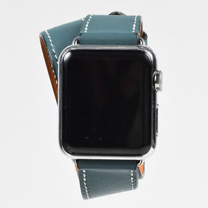 Hermes Blue Stainless Steel Leather Double Tour Apple Watch