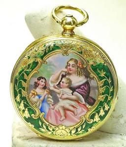 Antique 18ky gold & Enamel Ladies Scenic European Made Pocket Watch Key Wind