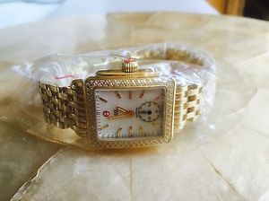 MICHELE DECO 16 YELLOW GOLD DIAMOND BEZEL WATCH / WHITE MOP FACE MW06V01B0025