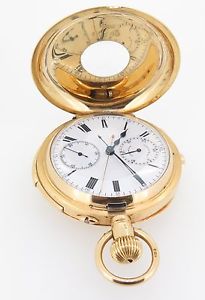 A.GAUNT MELBOURNE SPLIT SECOND MINUTE REPEATER 18k GOLD DEMI HUNTER POCKET WATCH